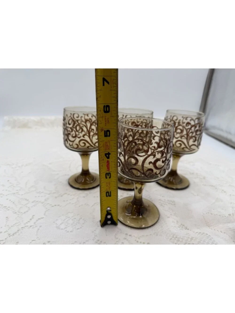 Vintage Amber Glass Goblets With Brown Swirl Design - Set Of 4 5.5